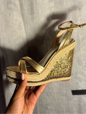 BEBE Gold Espadrille Wedge Heels